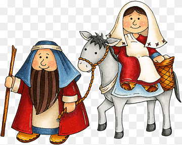 Mary riding a donkey with Joseph walking beside, depicting the journey to Bethlehem.