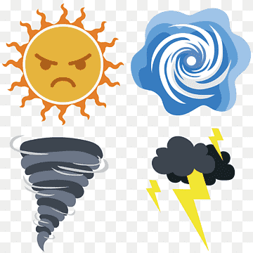 Four weather icons: angry sun, cyclone, tornado, and thunderstorm with lightning.