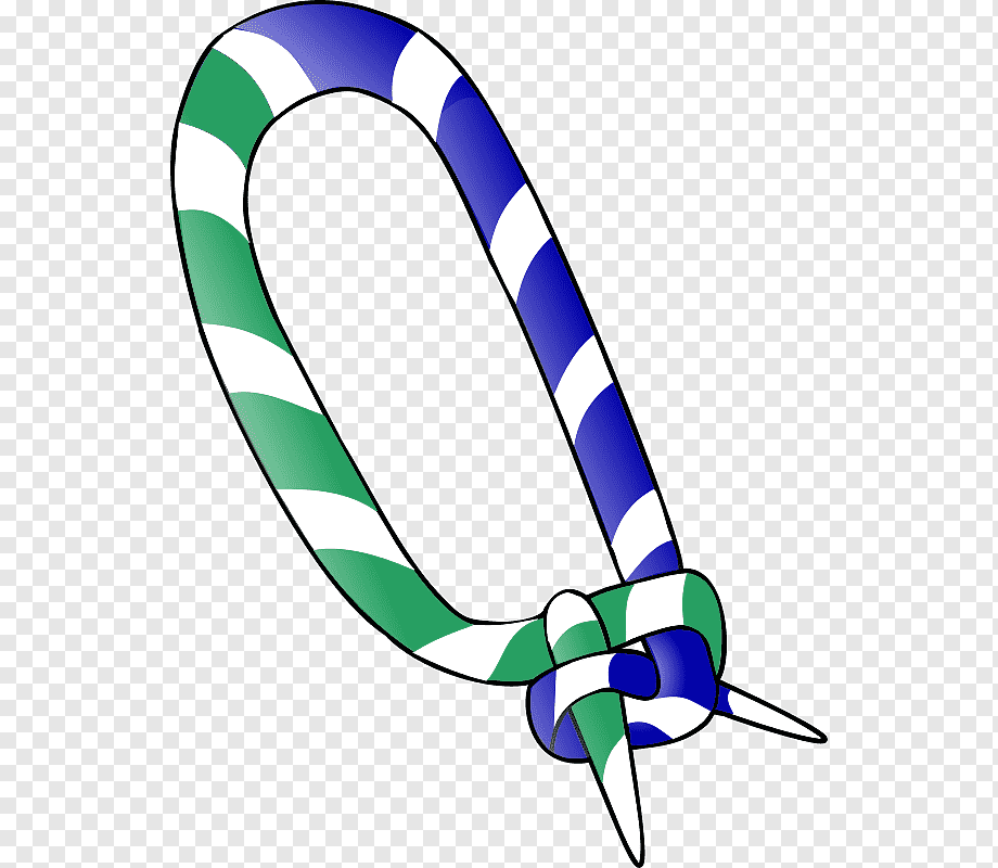 A stylized blue, green, and white striped ribbon tied in a knot with pointed ends, on transparent background.