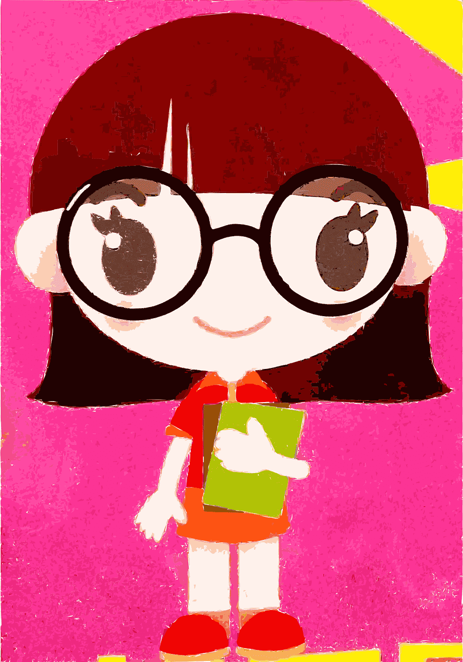 A cheerful cartoon girl with large round glasses, red hair, and a green book, smiling against a vibrant pink background.
