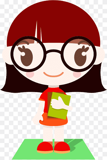 Cartoon girl with red hair, big glasses, holding a green book, standing on a mat.
