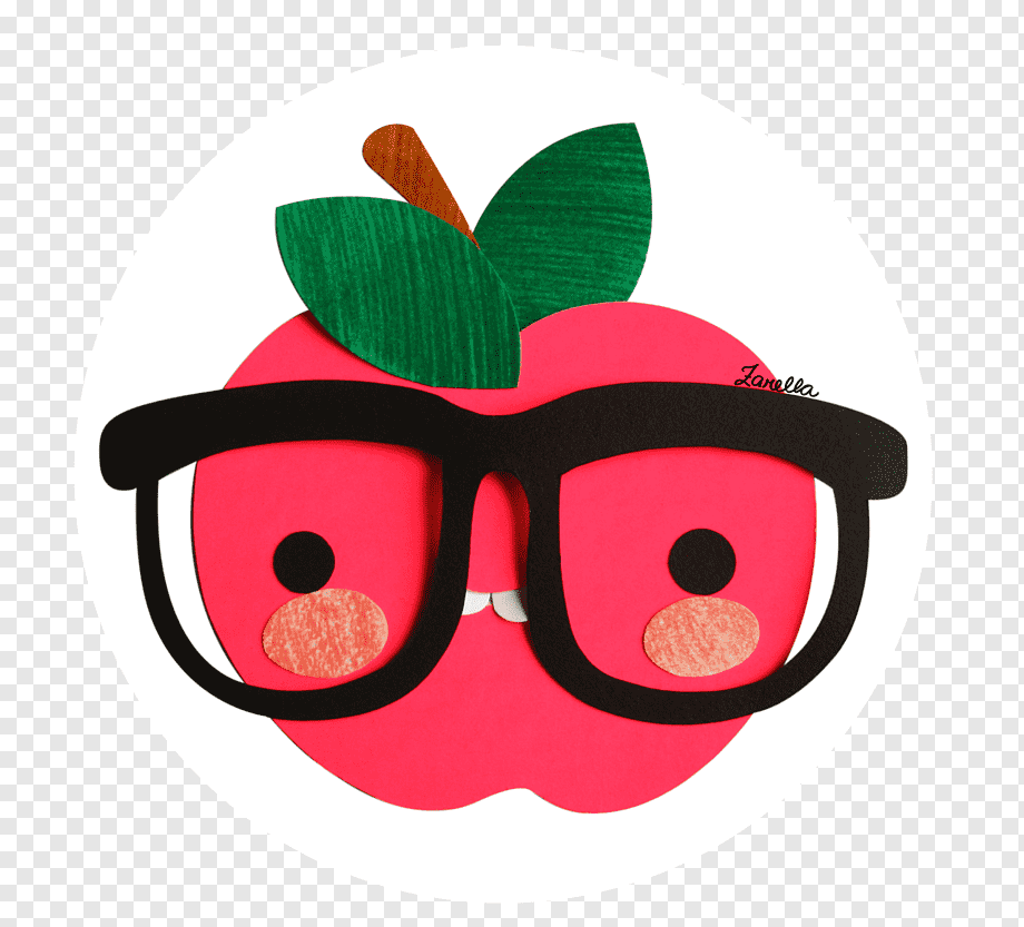 A cheerful pink apple with green leaves, wearing black-rimmed glasses and blushing cheeks, in a paper-cut style illustration.