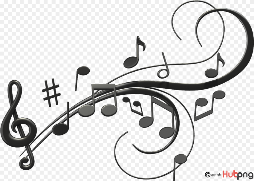 Elegant black-and-white musical notes, clef, and sharp symbol swirling on transparent background.