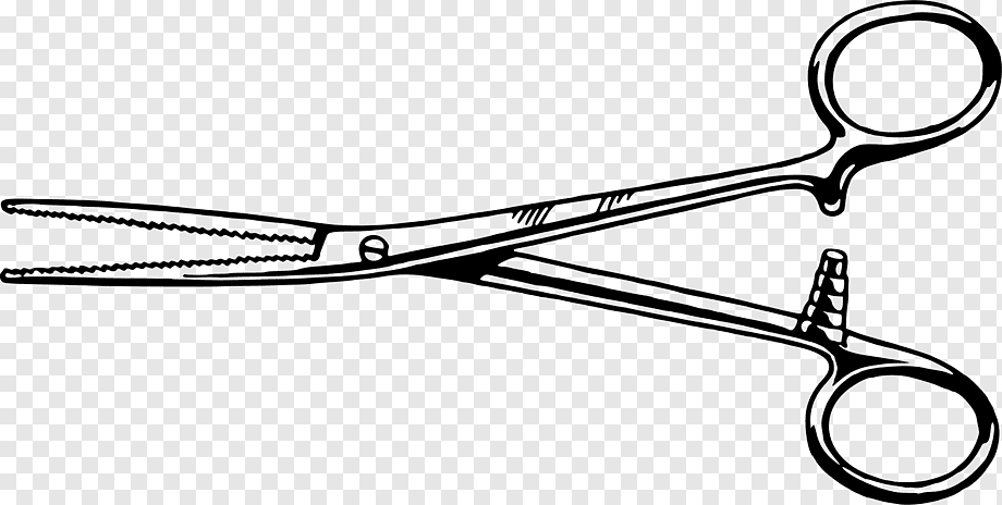 Black-and-white line drawing of a surgical hemostat with serrated jaws and ring handles.