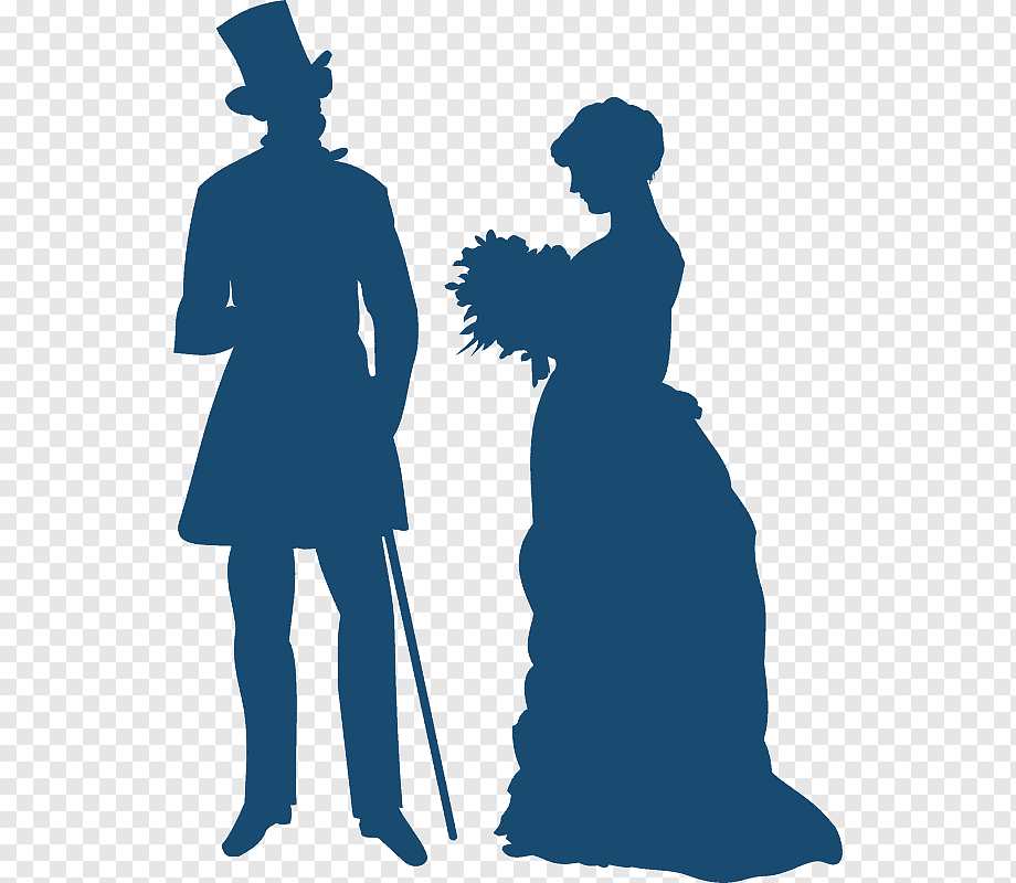 Silhouette of a Victorian-era gentleman in top hat and cane standing beside a lady in a full gown holding a bouquet.