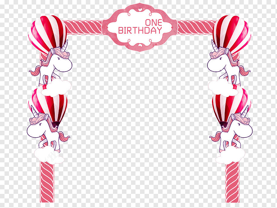 Pink and red striped birthday arch with unicorns, hot air balloons, and "ONE BIRTHDAY" sign for a first birthday celebration.