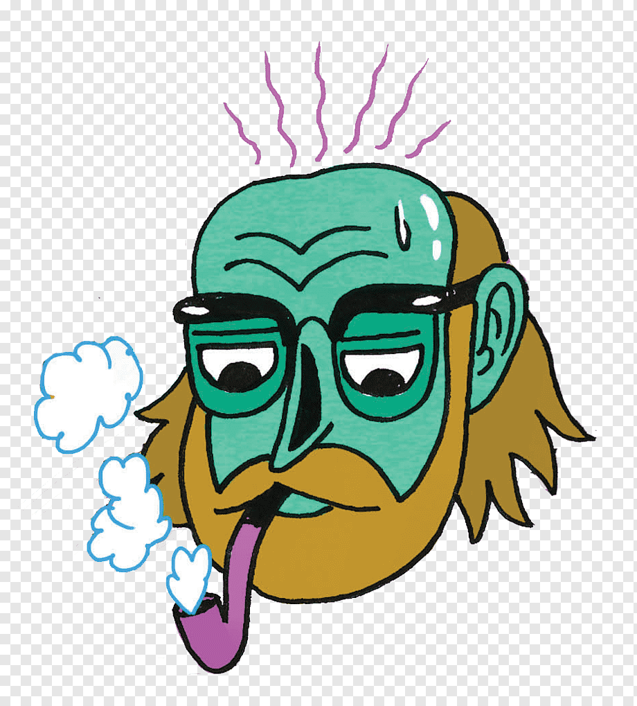 Green-skinned cartoon man with glasses, beard, smoking pipe, steam rising from head.