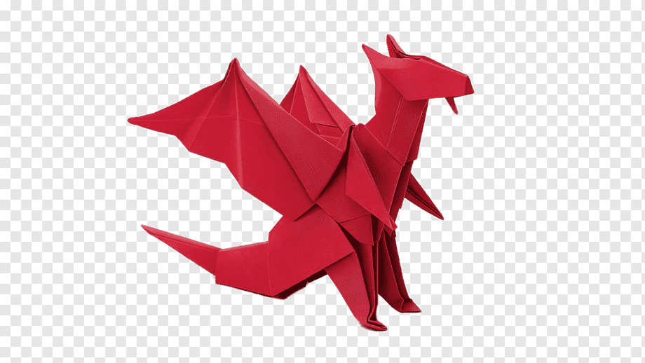 Red origami dragon with spread wings and detailed folds, crafted from a single sheet of paper.