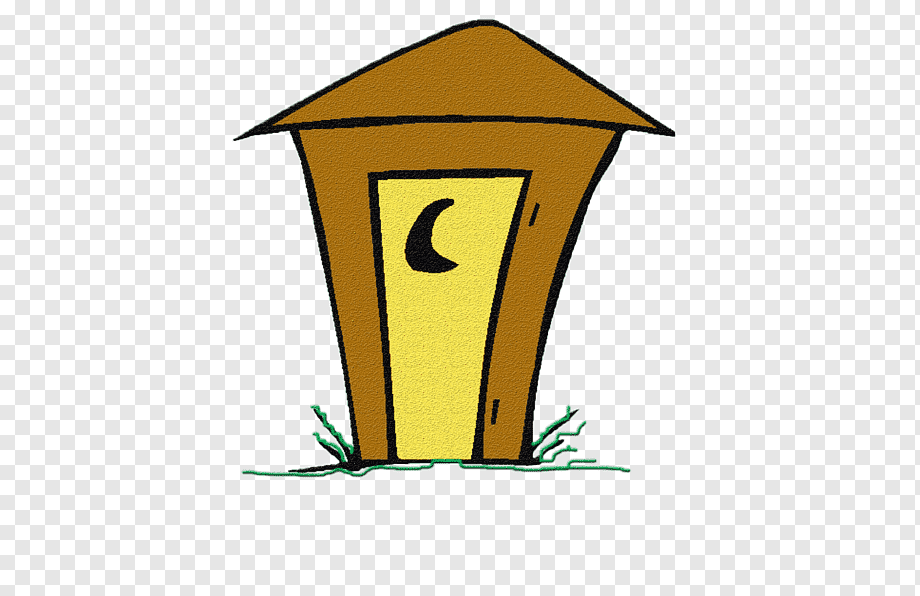 Cartoon-style wooden outhouse with yellow door featuring a black crescent moon symbol, set on grassy ground.