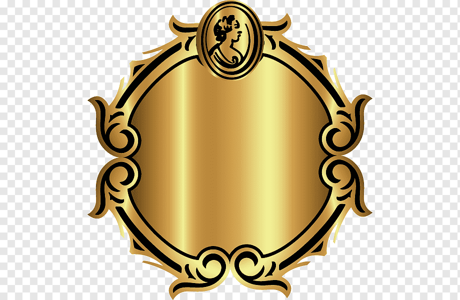 Ornate gold vintage frame with black scrollwork and central cameo portrait, transparent background.