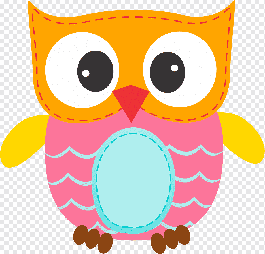 Colorful cartoon owl with orange head, pink body, yellow wings, and large white eyes holding a light blue egg.