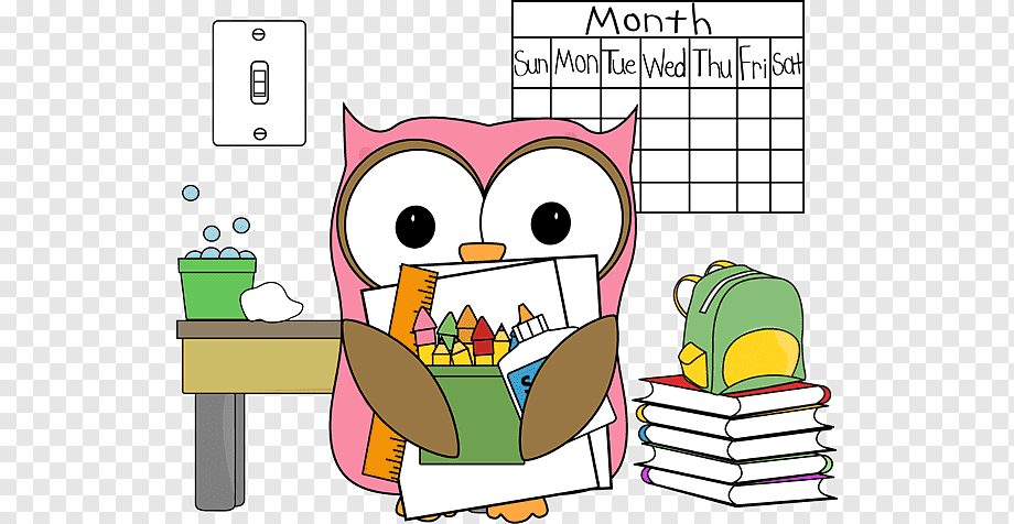 Pink cartoon owl holding school supplies beside books, calendar, and desk with soap bubbles.