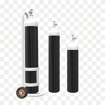 Three black-and-white medical oxygen cylinders of varying sizes, one mounted on a wheeled trolley with regulator and valve.