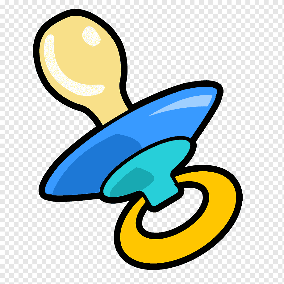 Colorful cartoon pacifier with yellow nipple, blue shield, teal mouthpiece, and yellow ring on transparent background.