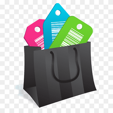 Black shopping bag with pink, blue, and green price tags featuring barcodes.