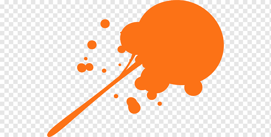 Orange paint splatter with a brush stroke and droplets on transparent background.
