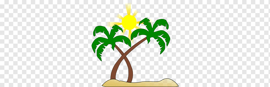 Two green palm trees on sandy ground under a bright yellow sun, cartoon-style illustration.