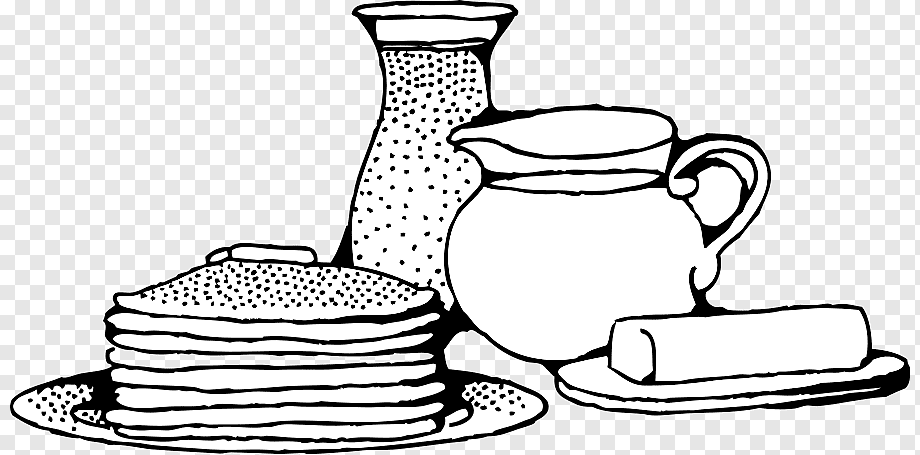 Stack of pancakes with syrup, butter, and creamer in a classic breakfast line drawing.