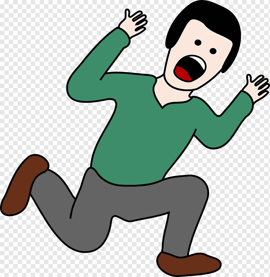Cartoon man in green shirt and gray pants falling backward with arms raised and mouth open in shock or alarm.
