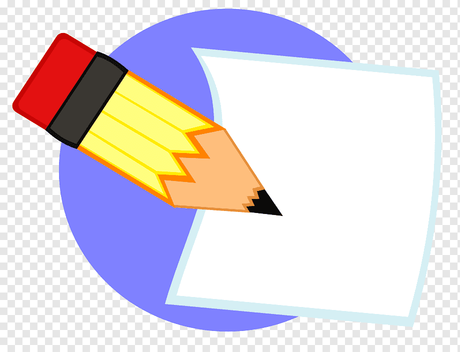 Yellow pencil with red eraser writing on blank paper over a blue circle background.