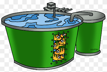 Green cylindrical water tank with fish viewing window, overflow pipe, and connected smaller tank.