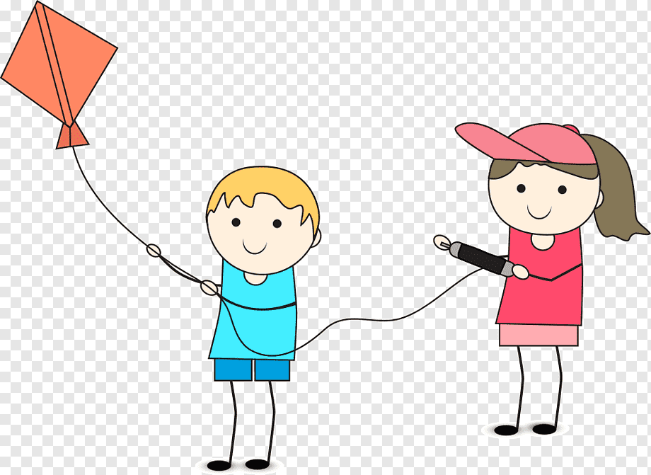 A boy and girl happily flying an orange kite together on a clear day.