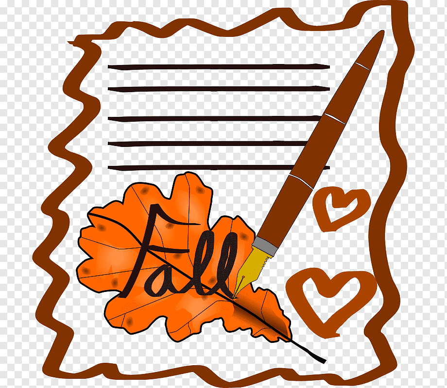 Autumn-themed handwritten note with orange leaf, fountain pen, hearts, and "Fall" script on lined paper.