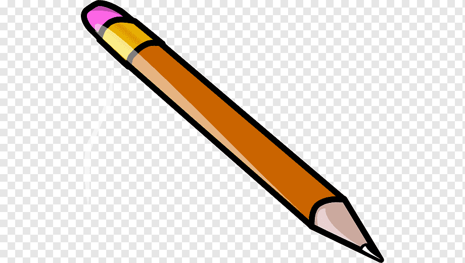 A cartoon-style wooden pencil with pink eraser, yellow ferrule, and sharpened graphite tip on transparent background.