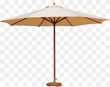Beige outdoor patio umbrella with wooden pole and square base on transparent background