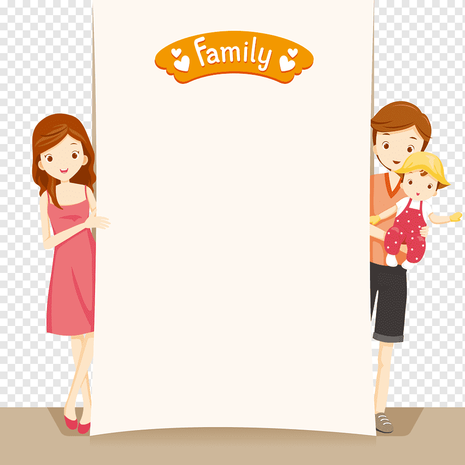 A smiling family-mother, father holding a toddler-peeking from behind a large blank banner labeled "Family" with hearts.