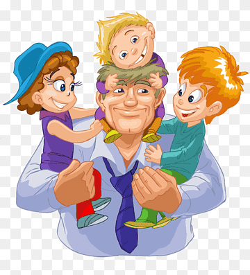 Happy father carrying three smiling children on his shoulders in a colorful cartoon illustration.