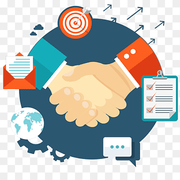 Handshake surrounded by business icons: target, checklist, email, globe, gears, and speech bubble.
