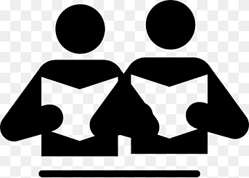 Two stylized figures sitting side by side, each holding and reading an open book.