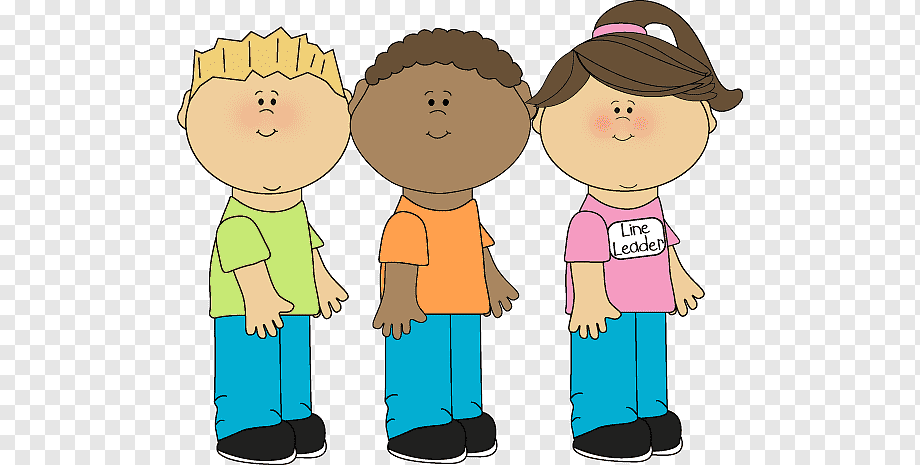 Three diverse cartoon children standing together; girl wears "Line Leader" badge.