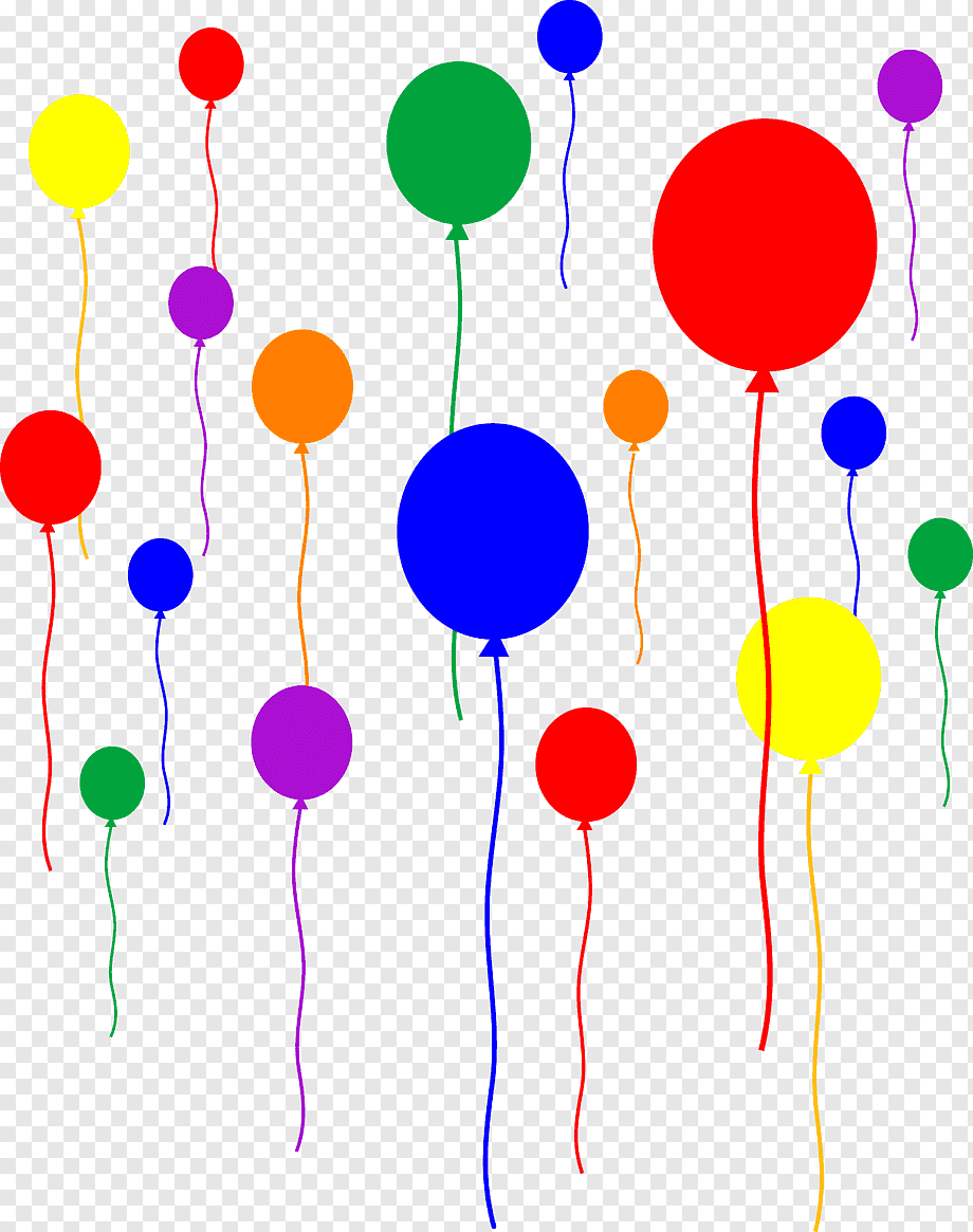 Colorful balloons in red, blue, green, yellow, orange, and purple floating on transparent background.