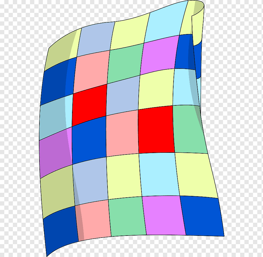 A colorful, wavy checkered flag with pastel and vibrant squares in motion against a transparent background.