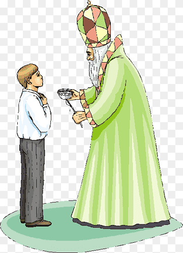 A bishop in green vestments and mitre blesses a young boy holding his hands in prayer.