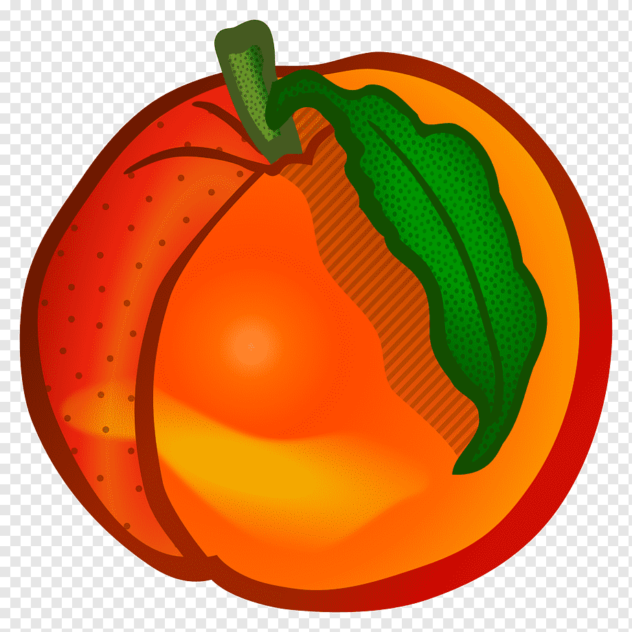 Vibrant cartoon-style peach with green leaf and stem, orange-red gradient skin, dotted texture, and glossy highlight.