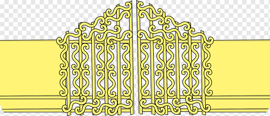 Ornate golden wrought-iron gate with swirling scrollwork, set against a yellow wall on transparent background.