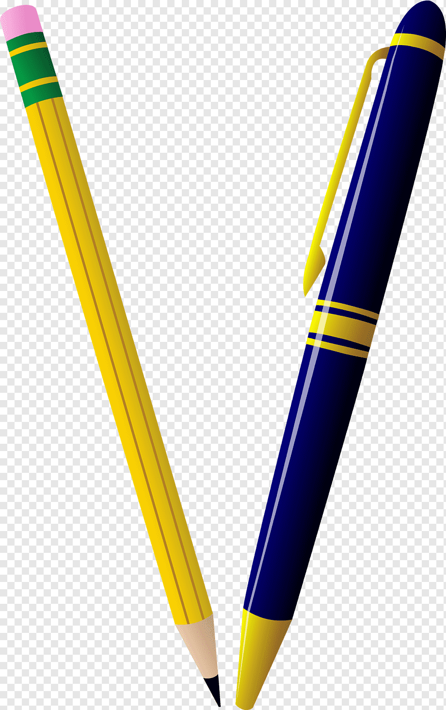 Yellow pencil with pink eraser and green band beside a navy blue pen with gold accents, both angled in a V shape.