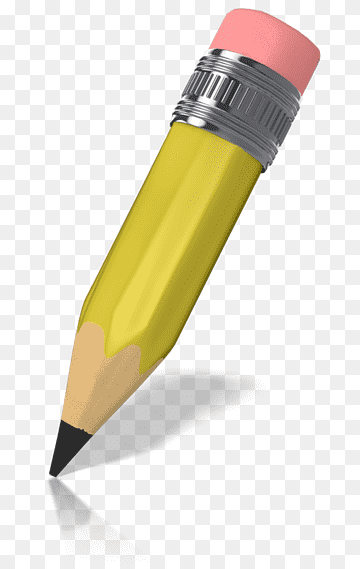 A classic yellow wooden pencil with a pink eraser, silver ferrule, and sharpened graphite tip on transparent background.