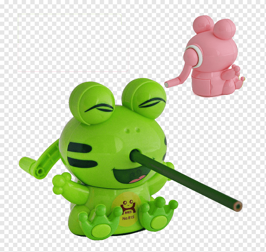 Green frog-shaped pencil sharpener with a pencil inserted, plus a pink mouse-shaped sharpener in background.