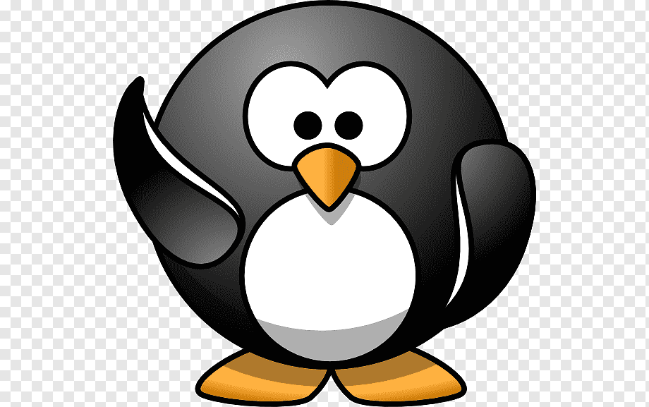 Cute cartoon penguin waving with one flipper, black and white plumage, orange beak and feet.