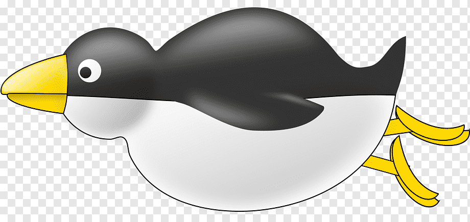 Cartoon penguin with black back, white belly, yellow beak and feet, running or flying against transparent background.
