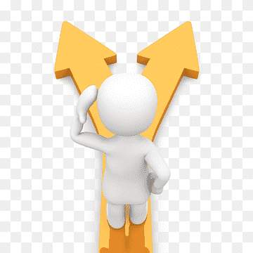 3D white figure standing at a Y-shaped fork with two upward yellow arrows, symbolizing decision-making or choice.