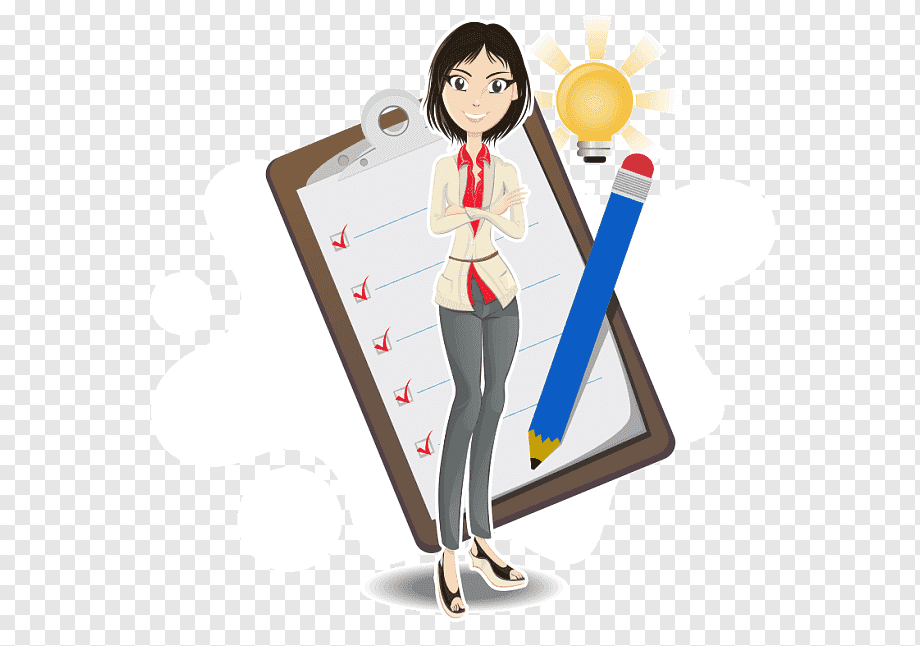 A smiling businesswoman stands confidently beside a large clipboard with checkmarks, a giant pencil, and a glowing lightbulb symbolizing ideas.