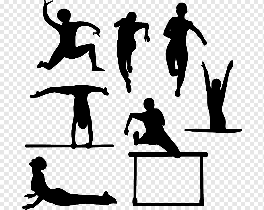Black silhouettes of athletes performing diverse sports actions including running, jumping, gymnastics, and stretching on transparent background.