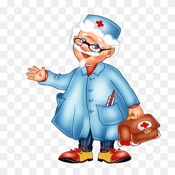 Friendly cartoon elderly doctor in blue coat and cap, holding medical bag and waving.