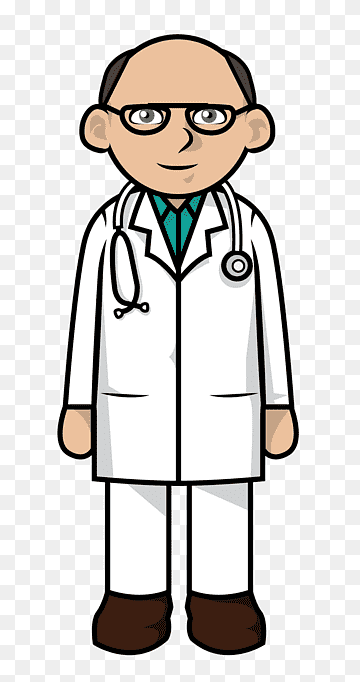 Cartoon doctor wearing white coat, glasses, and stethoscope, standing front-facing with neutral expression.