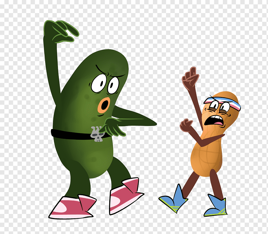 A green pickle and a peanut character in dynamic action poses, wearing sneakers and expressive faces.